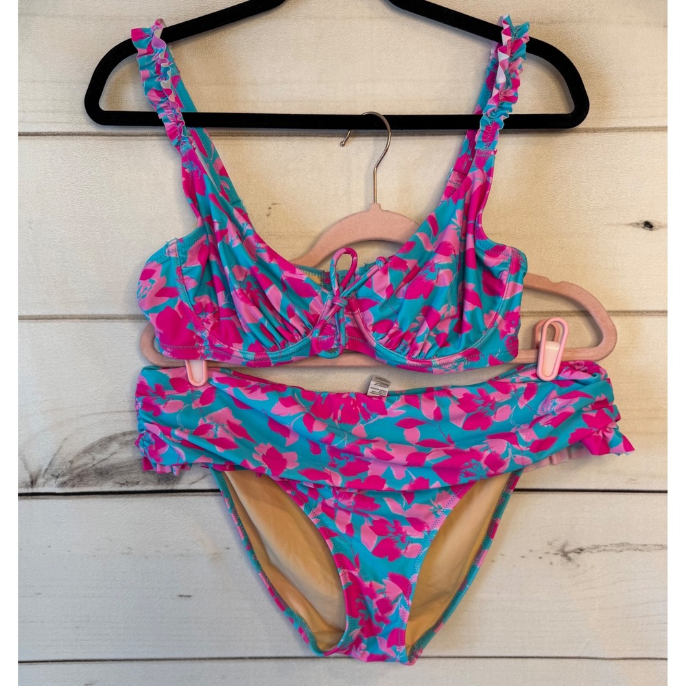 Pour Moi Floral Bikini Set 36D Top XL Bottoms Pink Turquoise Ruffle PM-31500/03